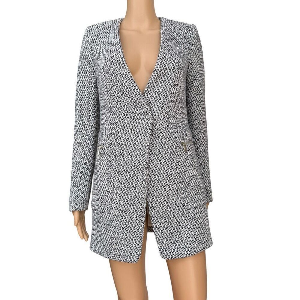 Zara White Blue Textured Tweed Tailored Blazer jacket Preppy Elegant size XS